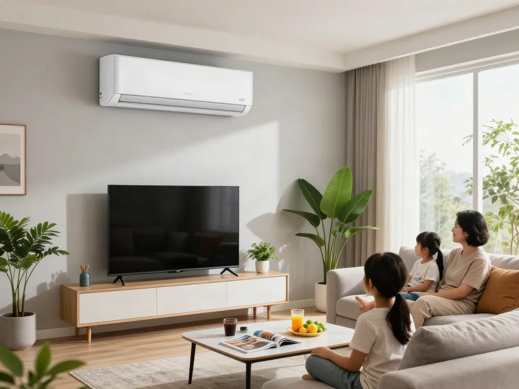 Cozy living room with a split ac unit cooling the space as a family enjoys time together.