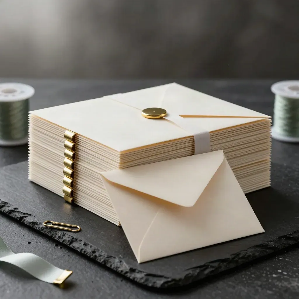 Premium event-planning stationery cluster on slate with envelopes, cards, clips, and ribbons.