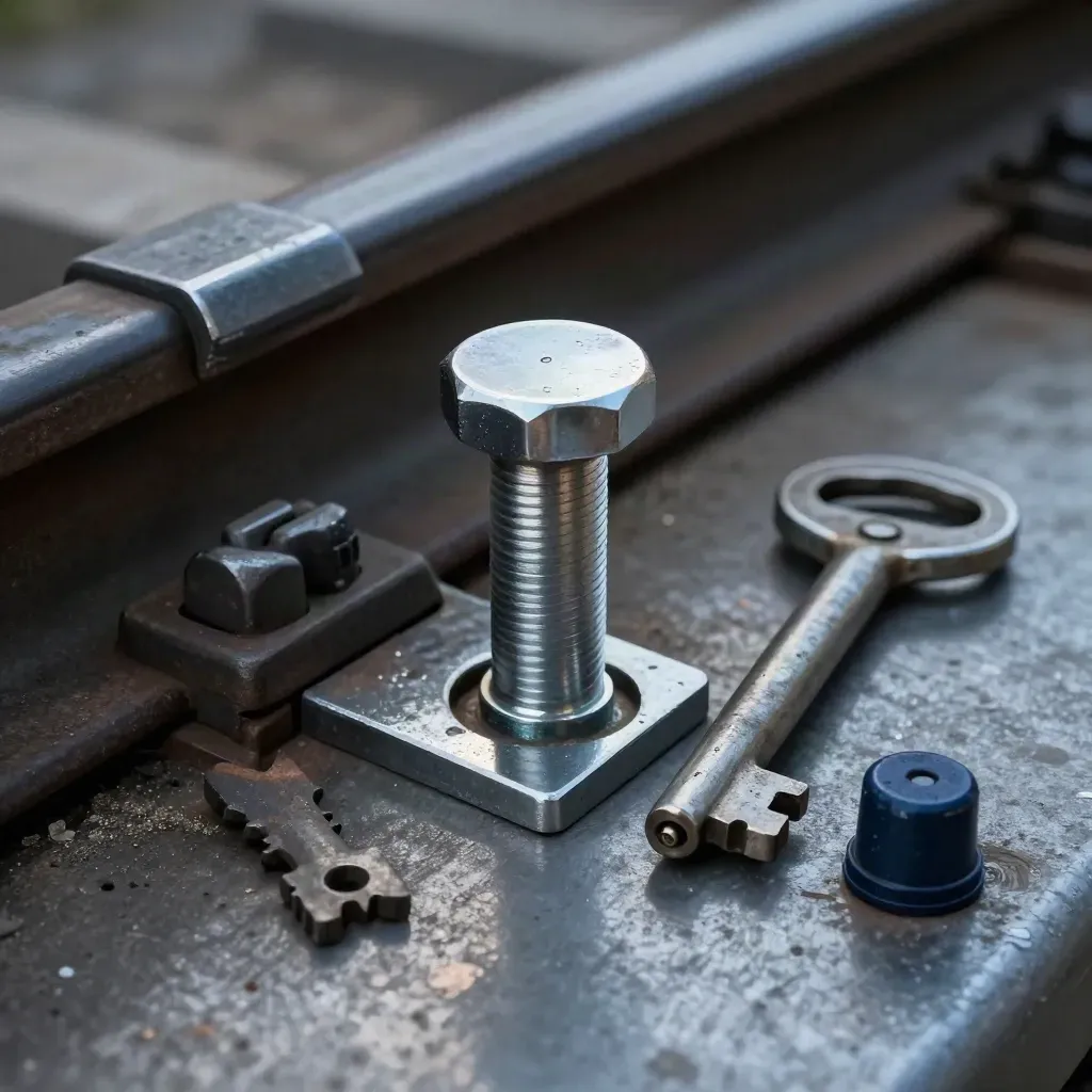 Rail coupling pin, signal key, and track hardware on brushed steel with dramatic macro light.