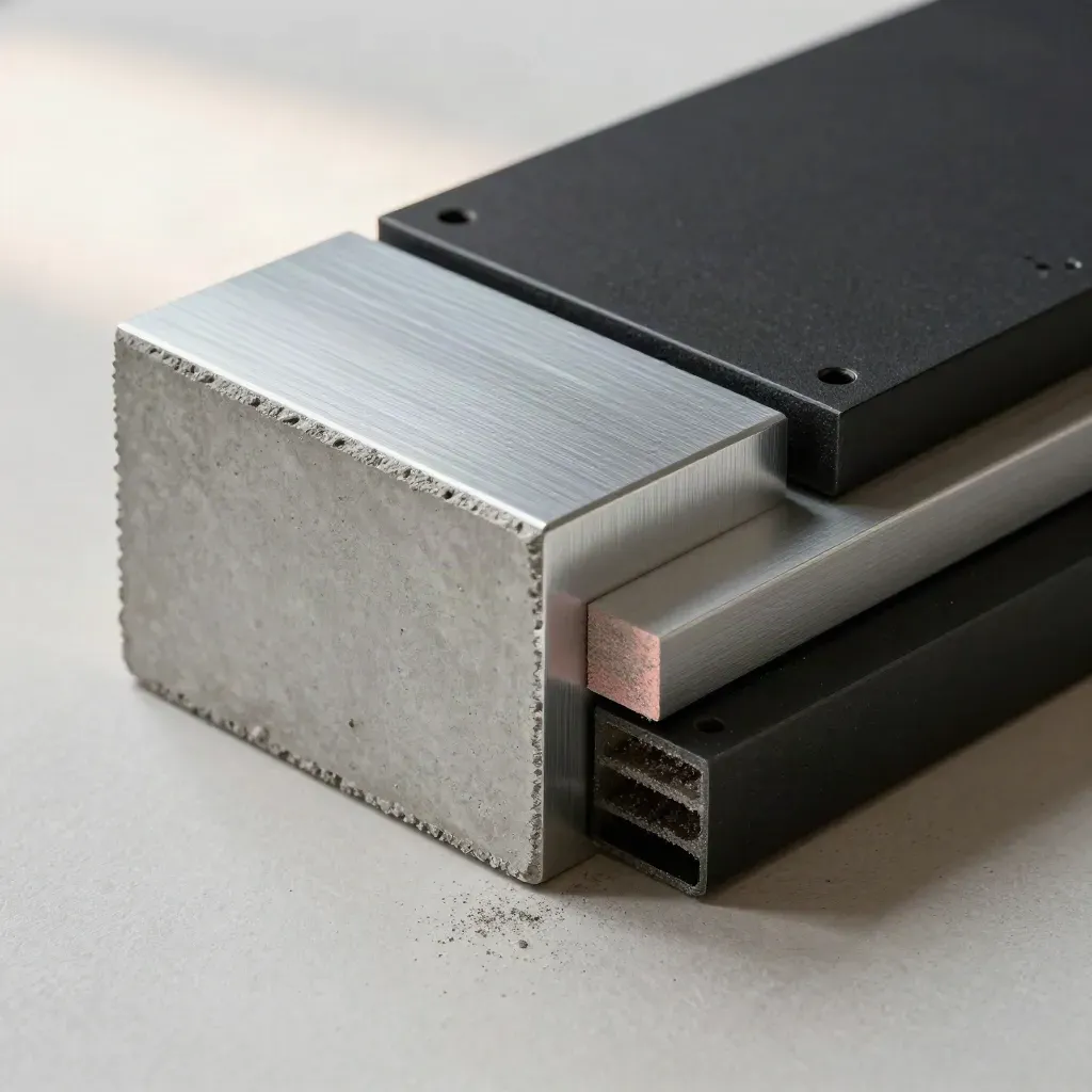 Concrete cube, aluminum corner sample, and black joinery plate stacked diagonally on pale plaster.