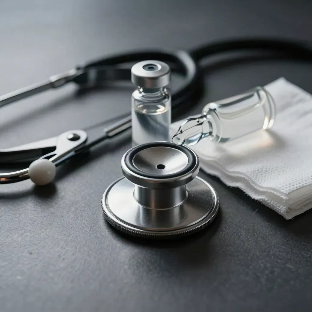 Stethoscope chestpiece, pill cutter, vial, and gauze on brushed graphite under cool light