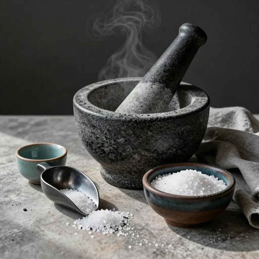 Cast mortar, pestle, salt scoop and bowl on pale stone, salt spilling in a diagonal trail, soft steam, teal accent.