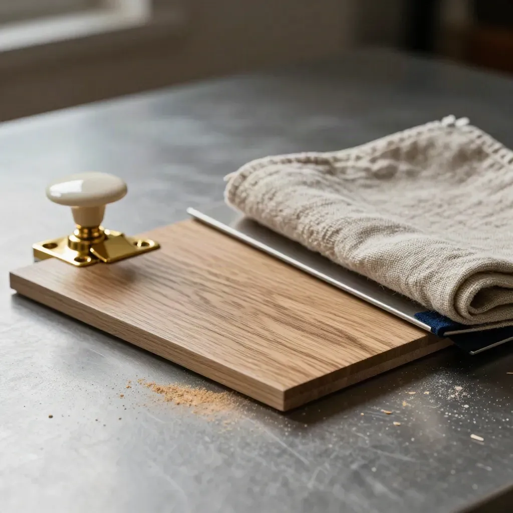 Oak veneer tile, brass hinge, ceramic knob and linen swatch on brushed metal in macro detail.