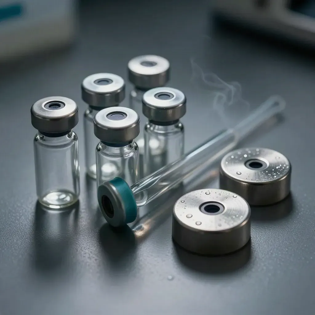 Teal-capped lab vials, pipette, and petri lid on brushed steel with cold vapor.