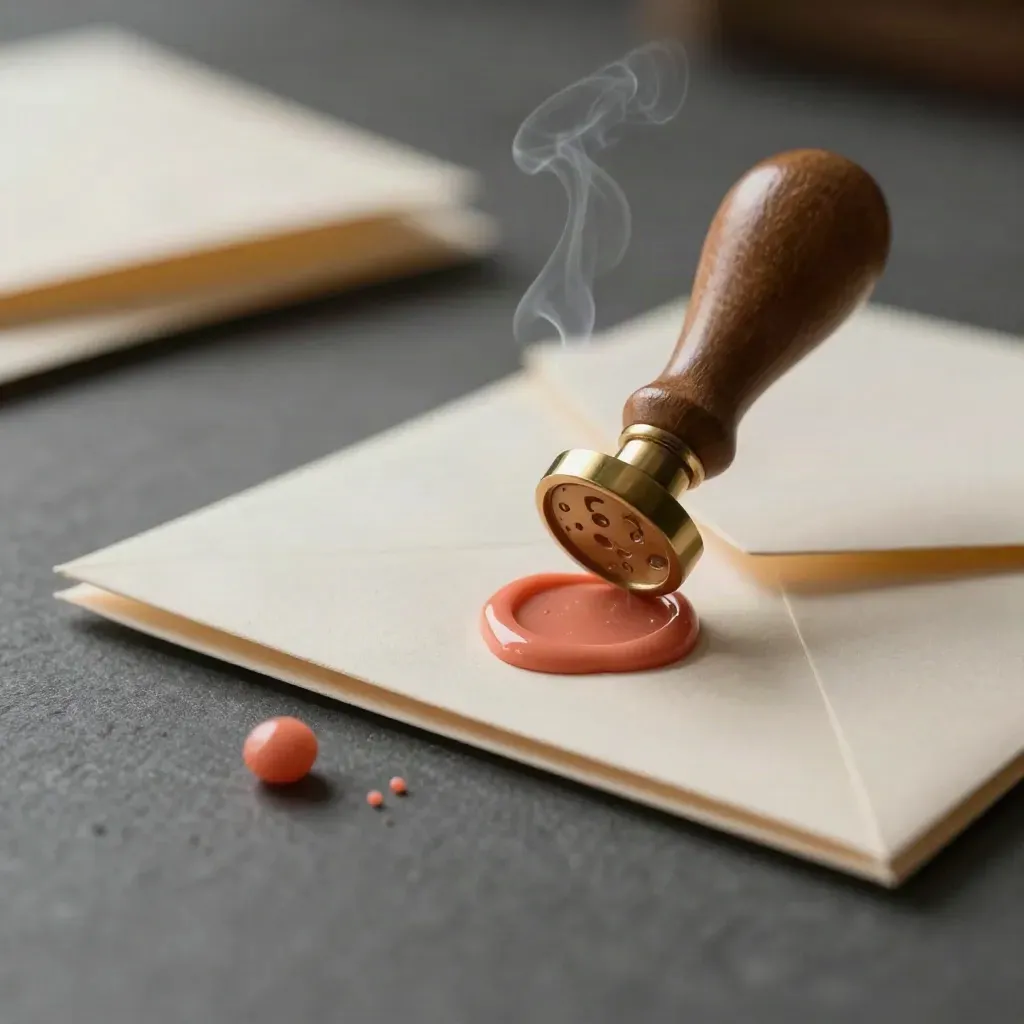 Brass wax seal stamp over coral wax on invitation envelopes with wax pellets