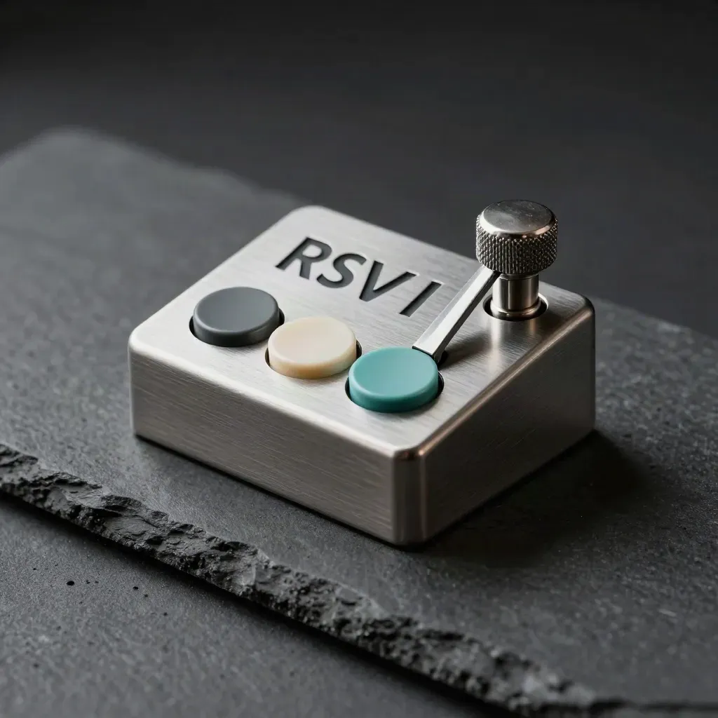 Brushed metal tally counter and three attendance chips on dark stone, lit in dramatic low key.