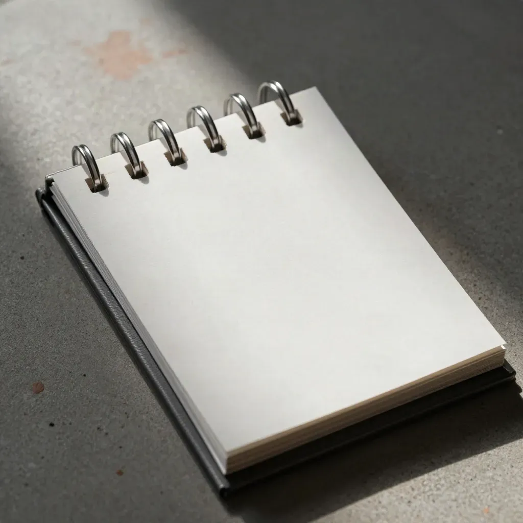 Macro flat lay of a ring-binder calendar mechanism with blank tabs and a slim clip on concrete.