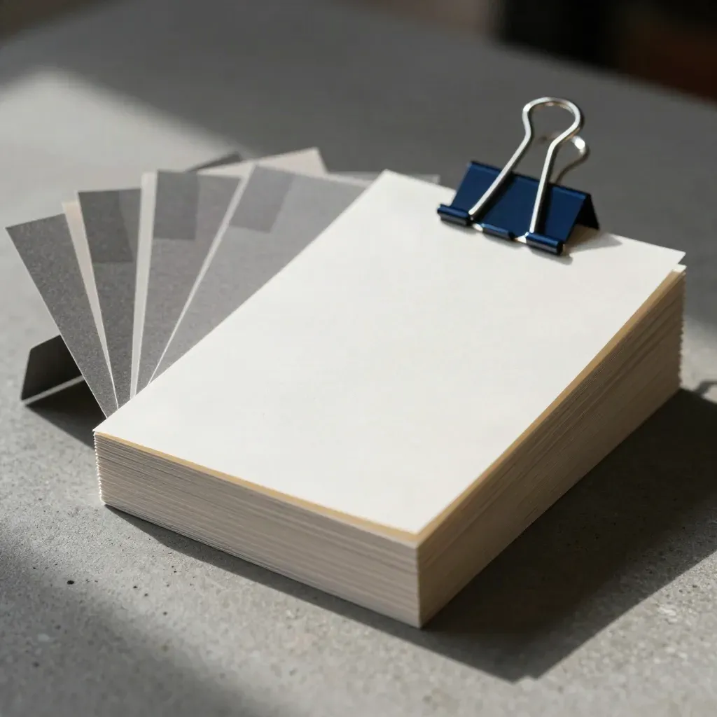 Fanned agenda cards with a binder clip and tabs on a concrete surface