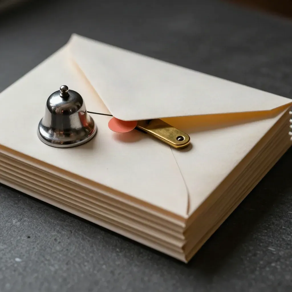 Overhead macro of sealed envelopes, brass opener, and message bell on graphite stone.