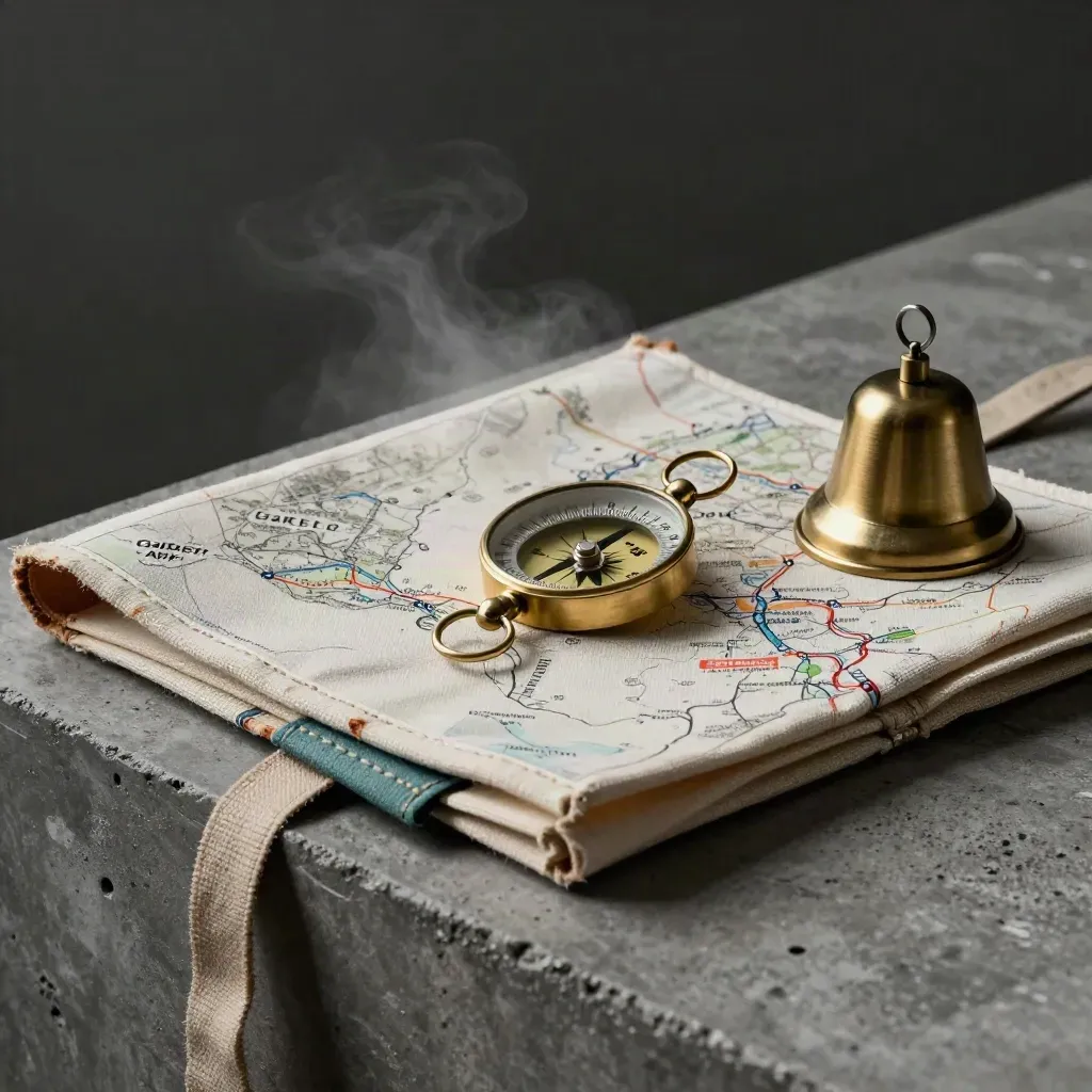 Canvas route case, brass compass, route pin and alert bell on concrete under dramatic side light.
