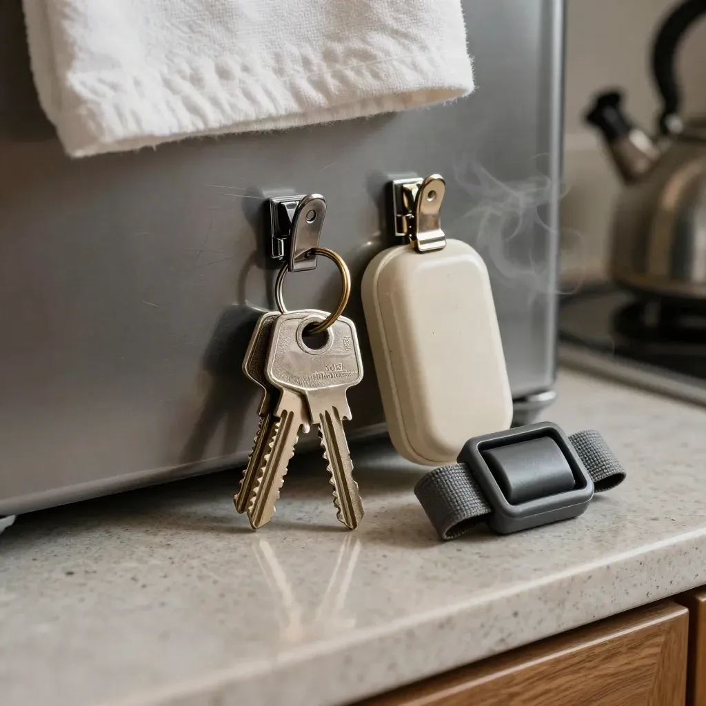 House keys, fridge clips, lunchbox latch, and bag buckle on a stone counter beside a tea towel.