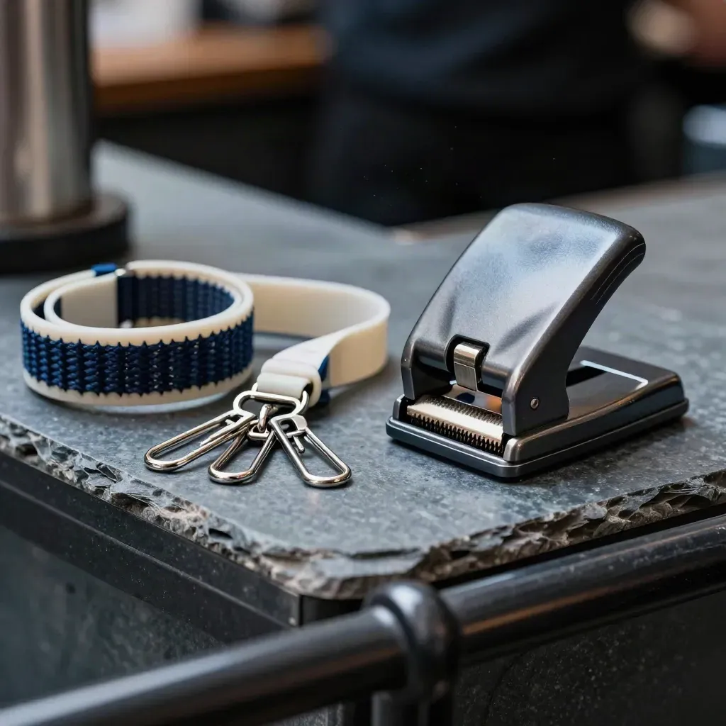 Macro still life of wristbands, ticket punch and lanyard clips on a clubhouse counter.