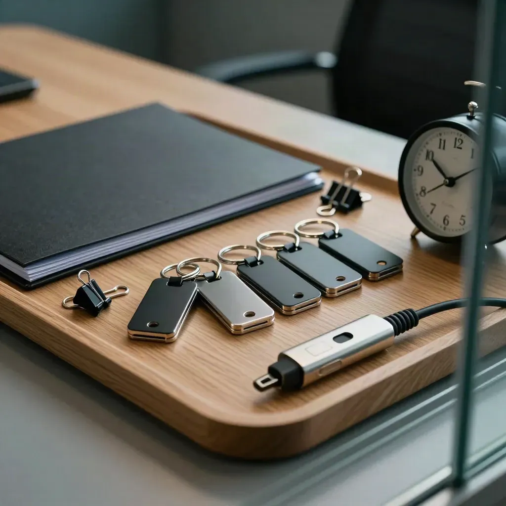 Macro still life of conference key fobs, binder clips, cable hub and desk clock behind glass.