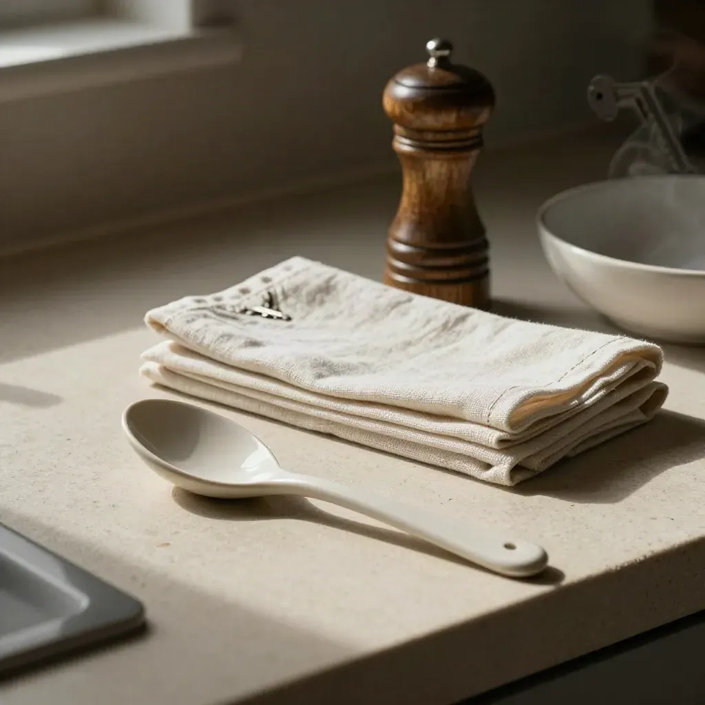 Ceramic serving spoon, folded linen napkins and pepper mill on a stone counter, softly lit.
