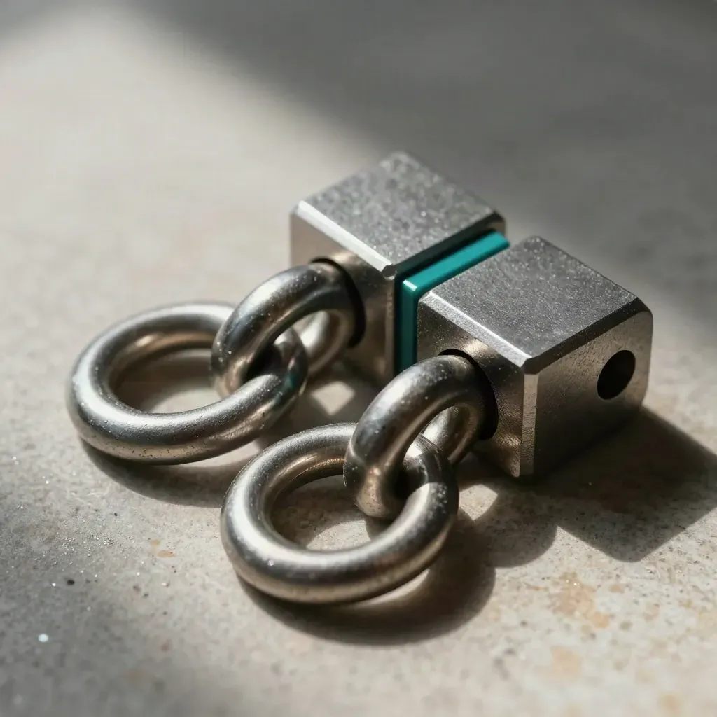 Steel rings and connector blocks aligned on stone in a premium macro still life.