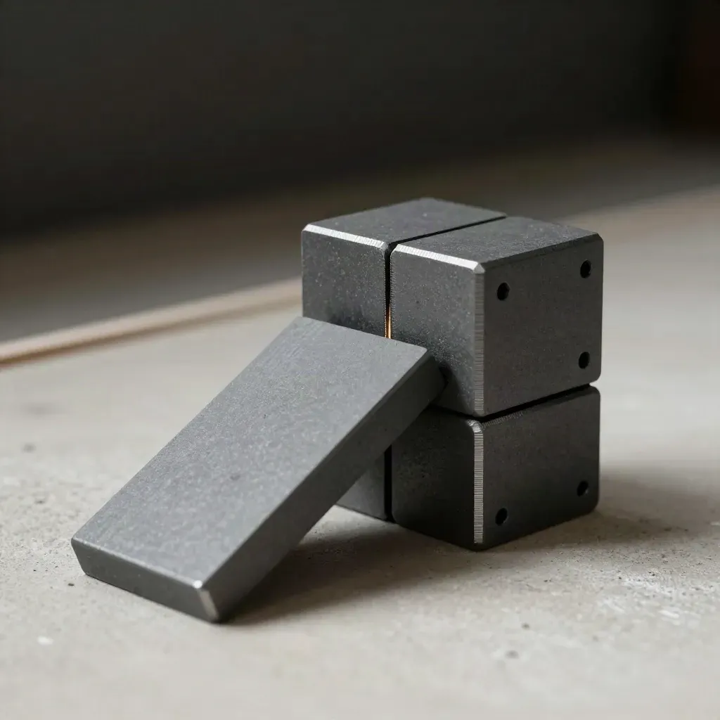 Graphite modular blocks locking flush on pale concrete under dramatic studio light