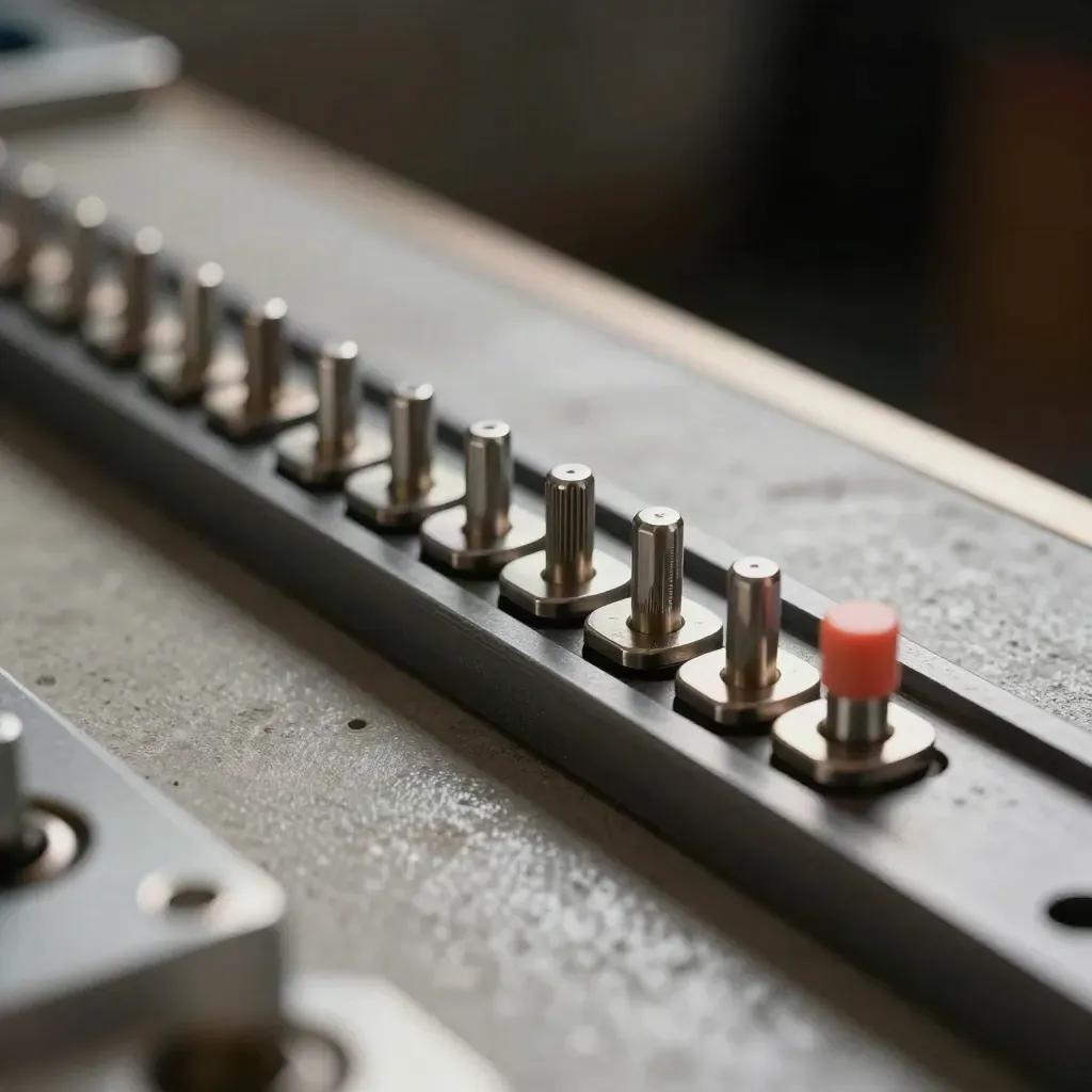Macro still life of metal locking pins, spacer plates, and a coupling clip on concrete
