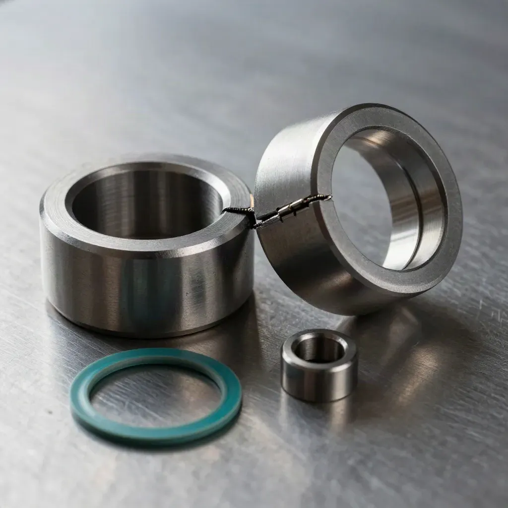 Machined coupling halves lock together on brushed metal with a subtle teal gasket.
